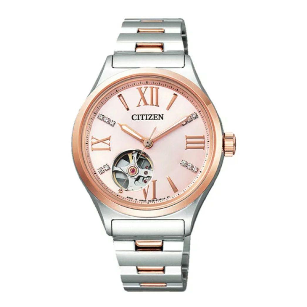 稼働✨シチズン　腕時計　メカニカル　スワロ　オープンハート　シェル文字盤　コンビ