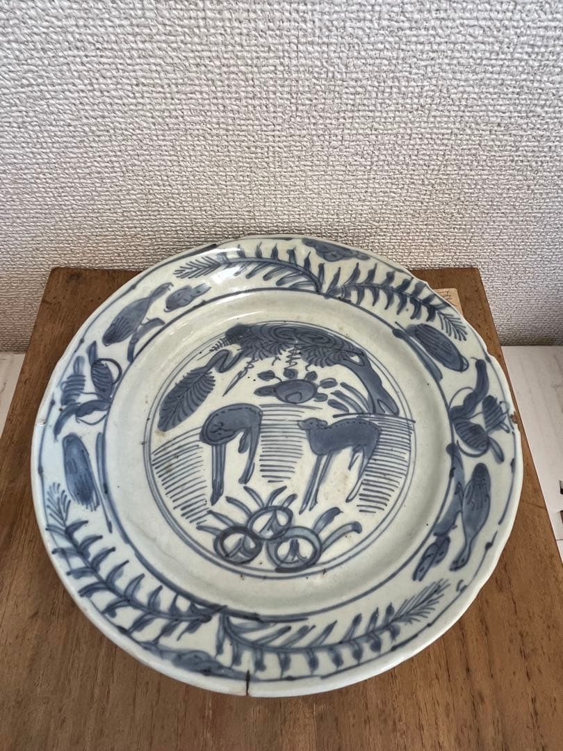 中国古美術明時代染付陶磁皿 古染付 茶道具 骨董 古美術サイズ約21cm.