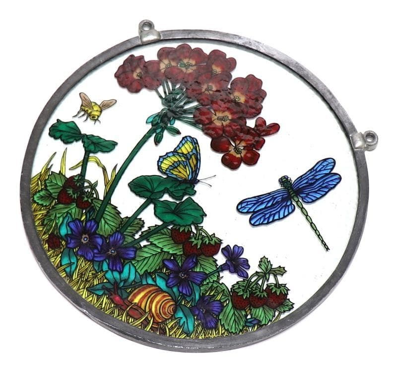 昆虫と花とイチゴ ヴィンテージ ステンドグラス 蜻蛉 ミツバチ 蝶々