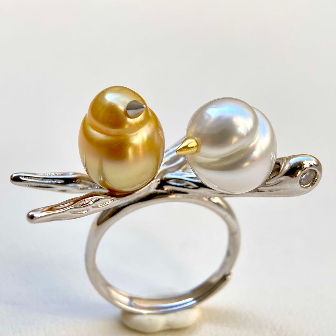 本真珠南洋白蝶真珠　茶金とホワイト「鳥と枝」s925リングY1027