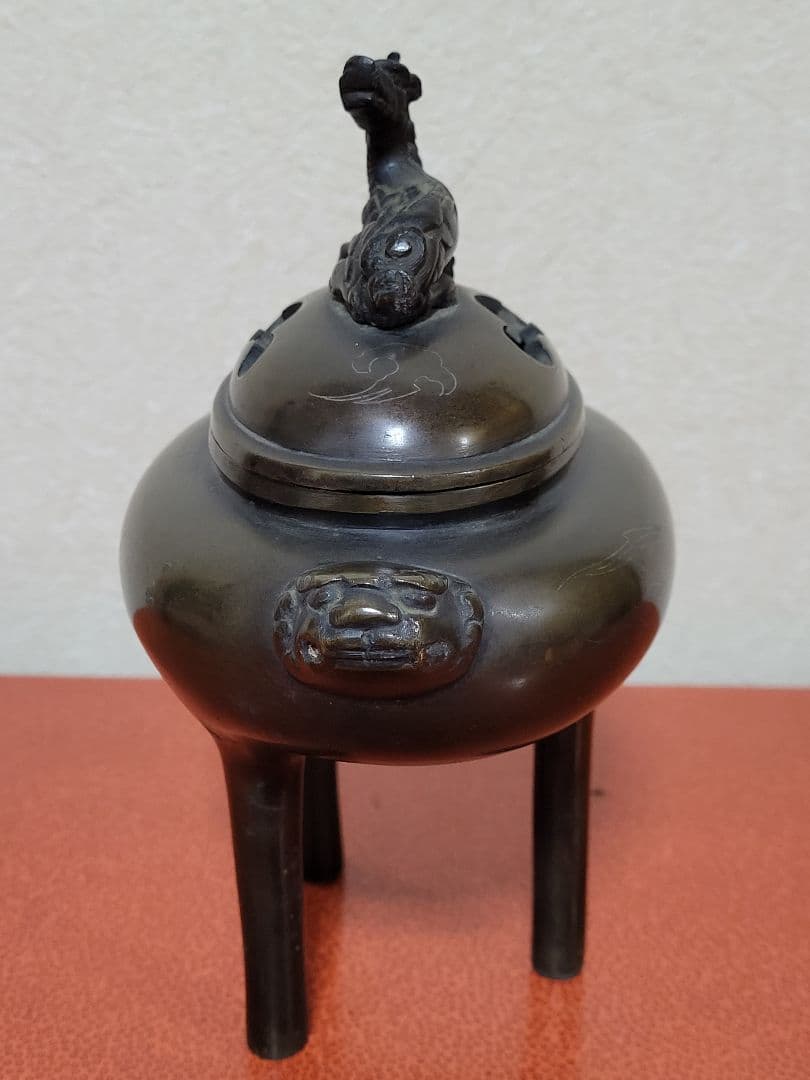 明治期 極上 宣徳銅製 麒麟摘蓋金銀象嵌鳳凰図 三足高足 香炉煎茶道具中国古玩