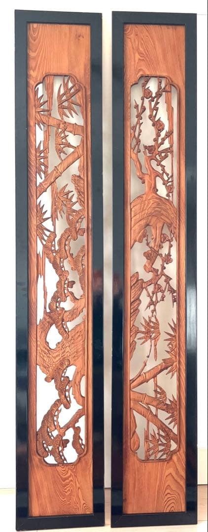 和室欄間　らんま　松竹梅　両面彫　2枚　昭和