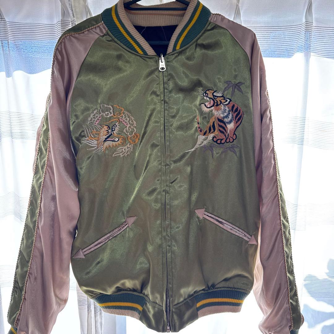 そうスカジャン オリーブグリーン ピンク刺繍