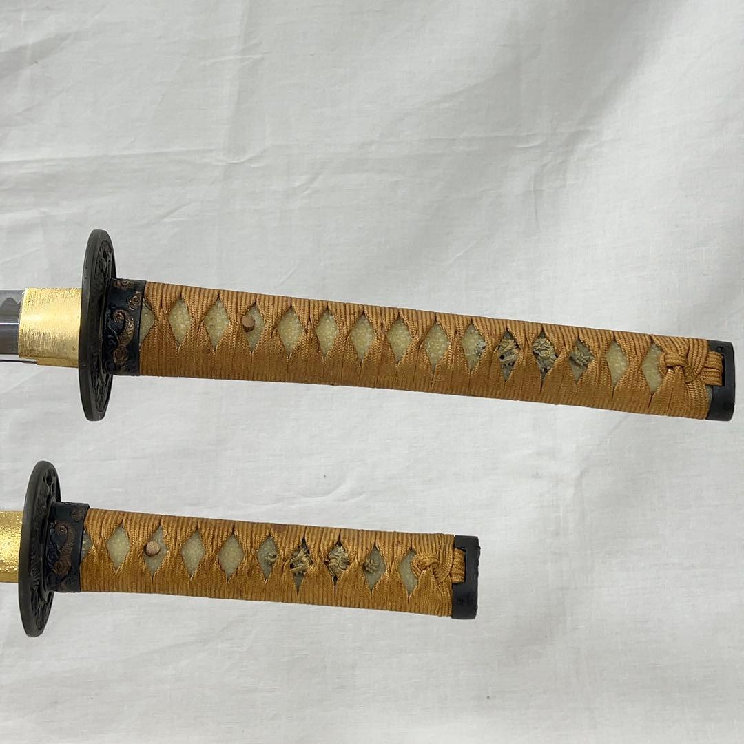 【模造刀】二本差し 太刀 脇差 龍鍔 茶色鞘 日本刀