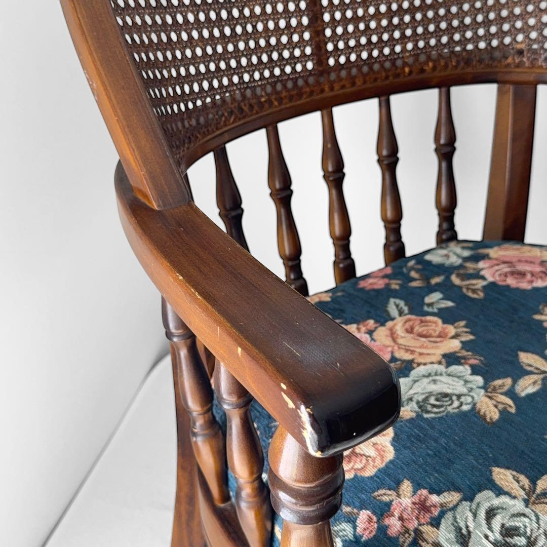 オールドカリモク コロニアル 花柄 ベロア ラタン アームチェア アンティーク