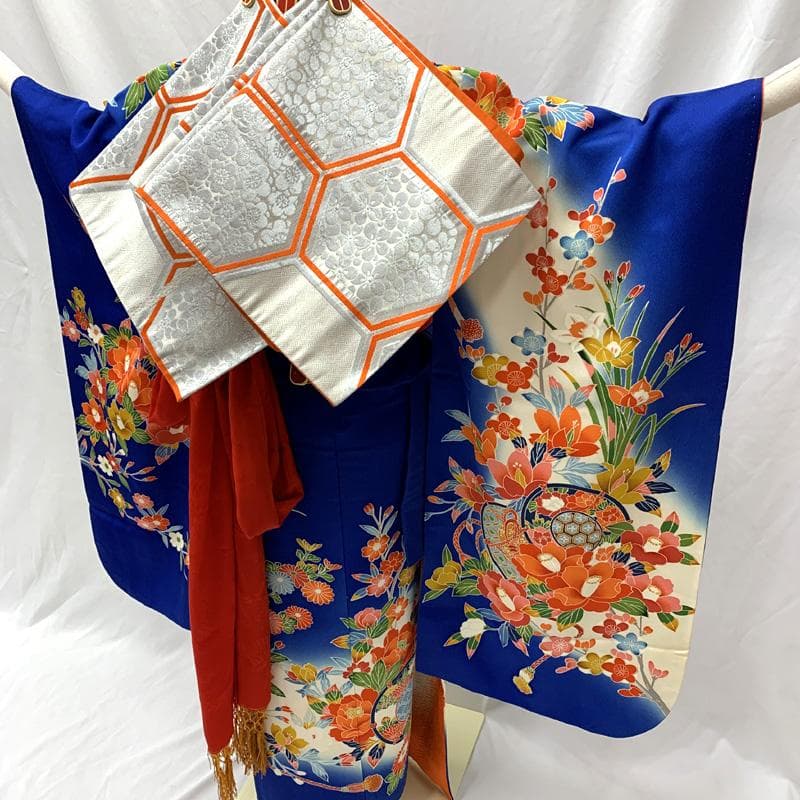 512ag23□七五三 七歳 女児 着物&袋帯 鼓 花文 青白□状態良好