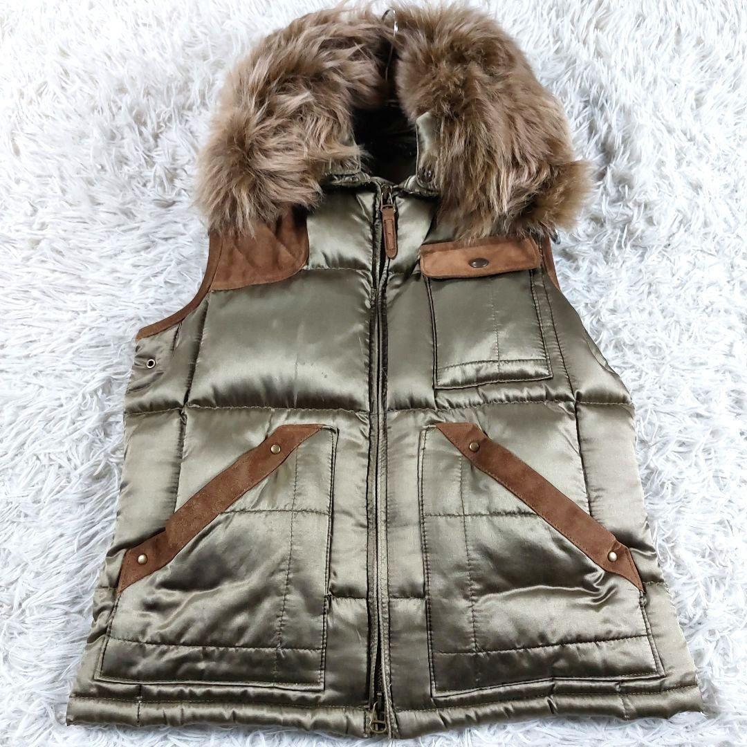 ラルフローレン 襟ファー レザー スエード切替え ダウンベスト グリーンブラウン