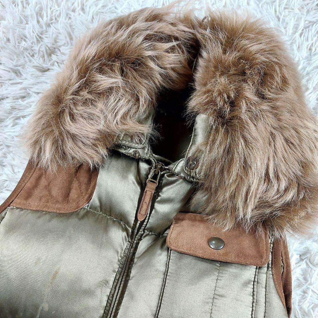 ラルフローレン 襟ファー レザー スエード切替え ダウンベスト グリーンブラウン