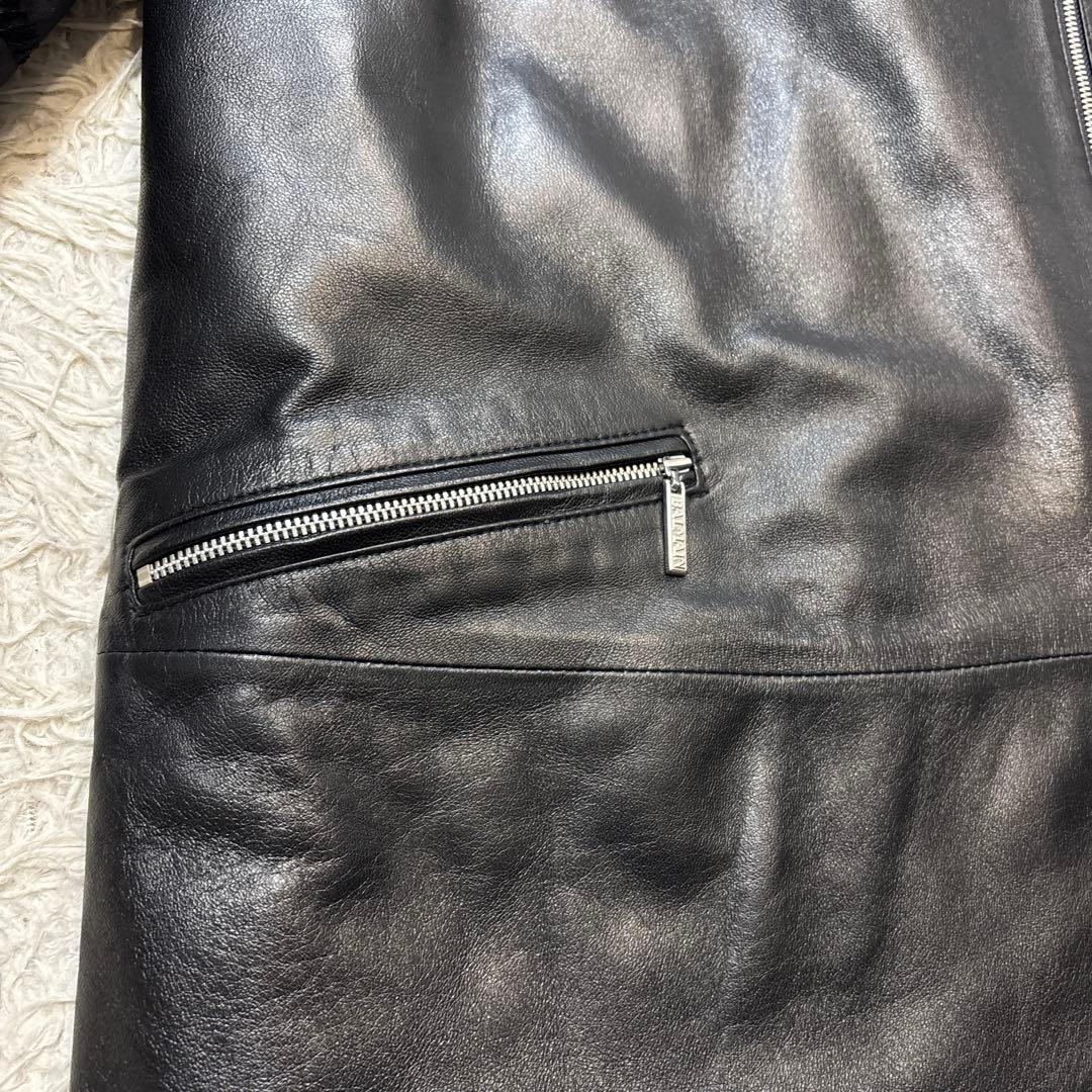 超希少☆極美品【バルマン】羊革　切り替え　ファー　フーデットレザーコート　黒　M