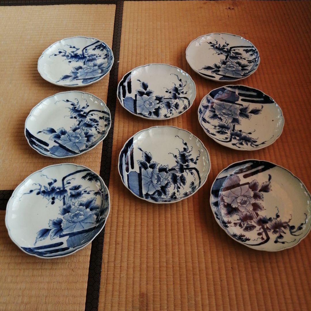 伊万里　染付輪花縁大皿　8枚　24cm　明治〜大正期