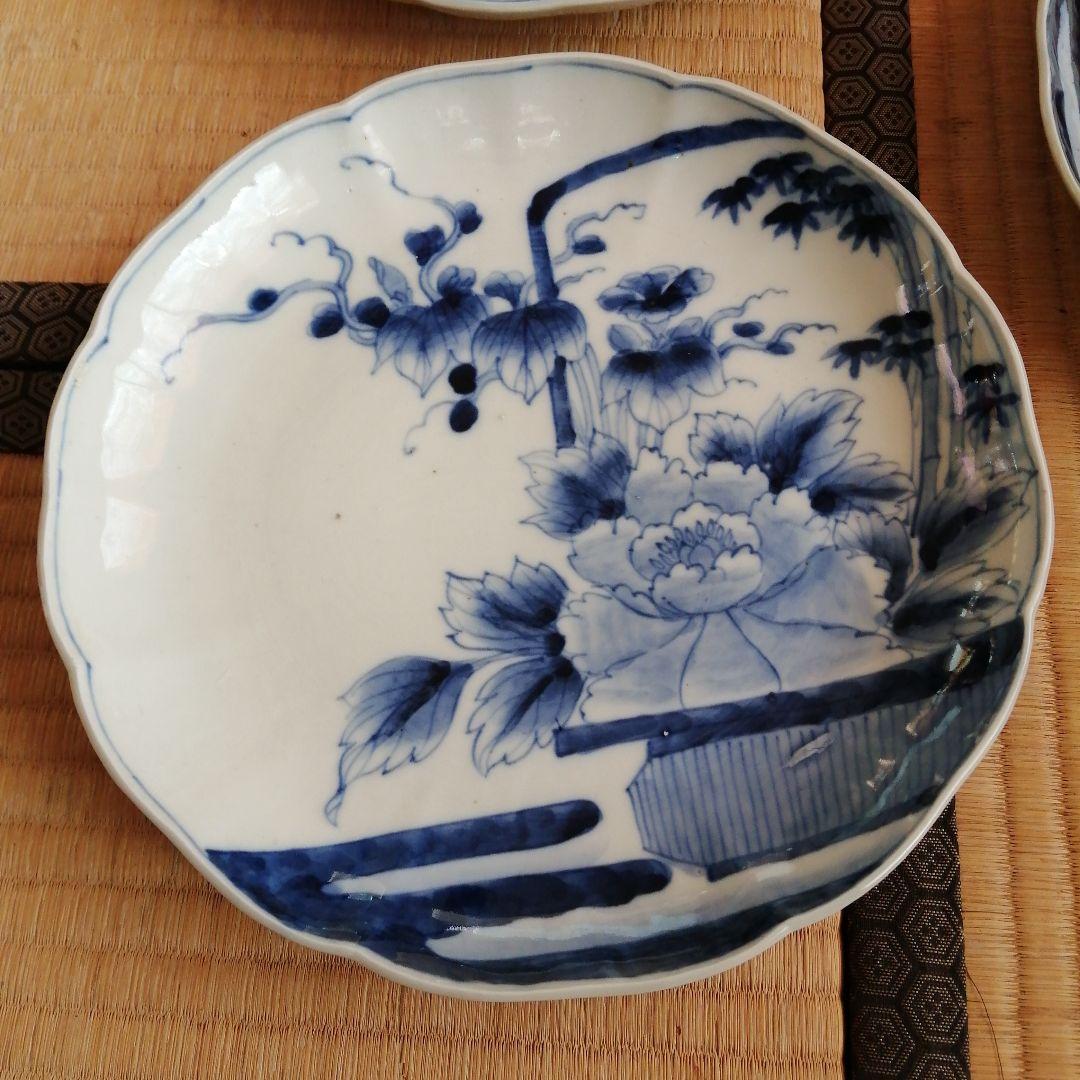 伊万里　染付輪花縁大皿　8枚　24cm　明治〜大正期