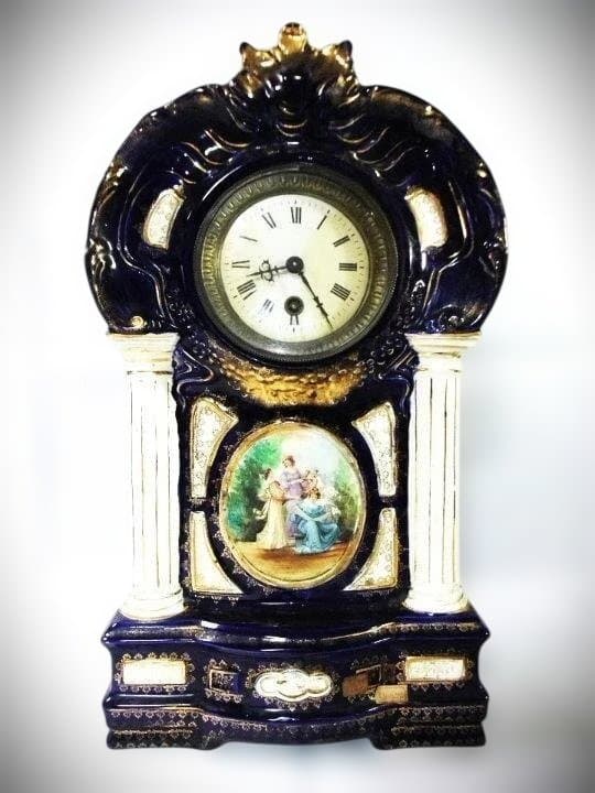 イギリス製 陶磁器 置き時計 ゼンマイ式 アナログ 作動品 時代物 骨董