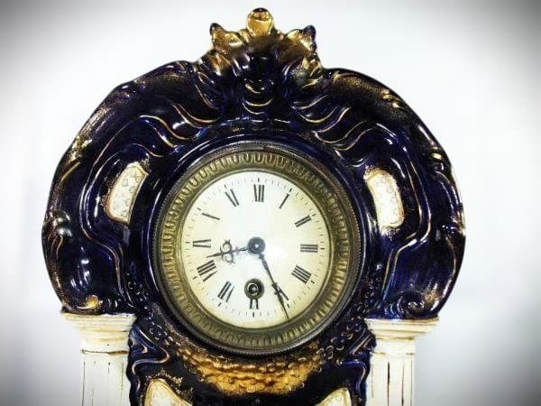 イギリス製 陶磁器 置き時計 ゼンマイ式 アナログ 作動品 時代物 骨董