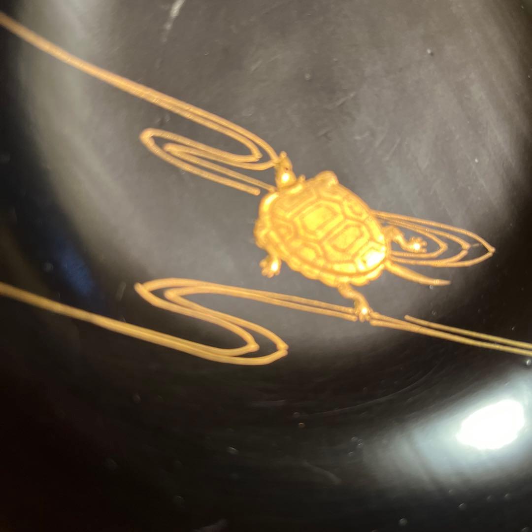 A1029 木製輪島塗　富士月　闇蒔絵　流水に亀蒔絵　吸い物庵5客