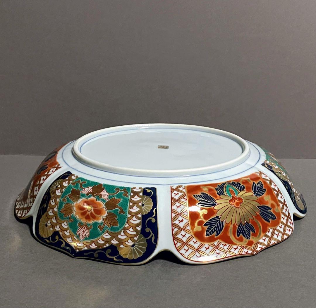 青藍 古伊万里様式 金襴手 大皿 花形 うさぎ 月 波