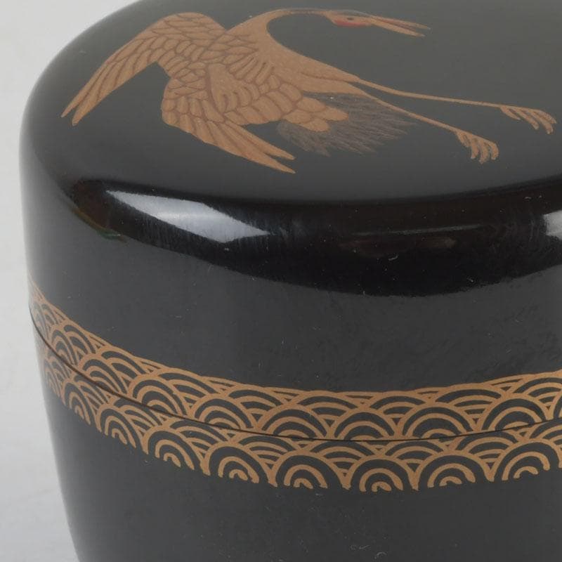 茶道具　黒漆　鶴蒔絵　中棗　共箱　V　9690
