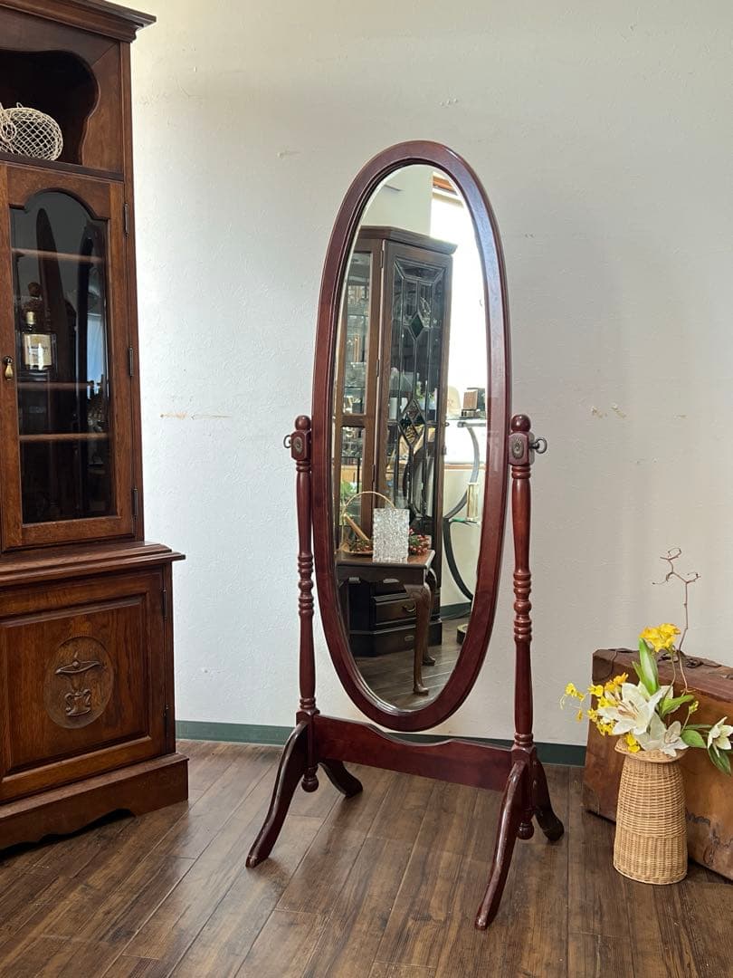 k149r120 クラシカルな全身鏡 オーバルスタンドミラー 回転 自立式 木製