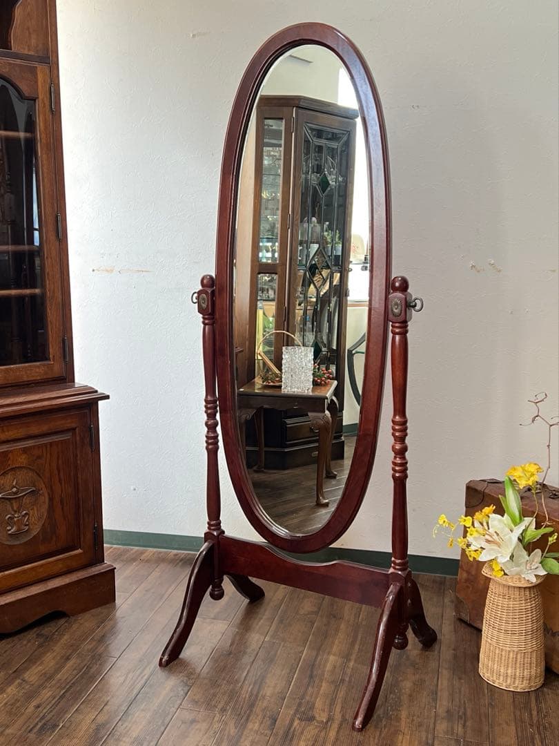 k149r120 クラシカルな全身鏡 オーバルスタンドミラー 回転 自立式 木製