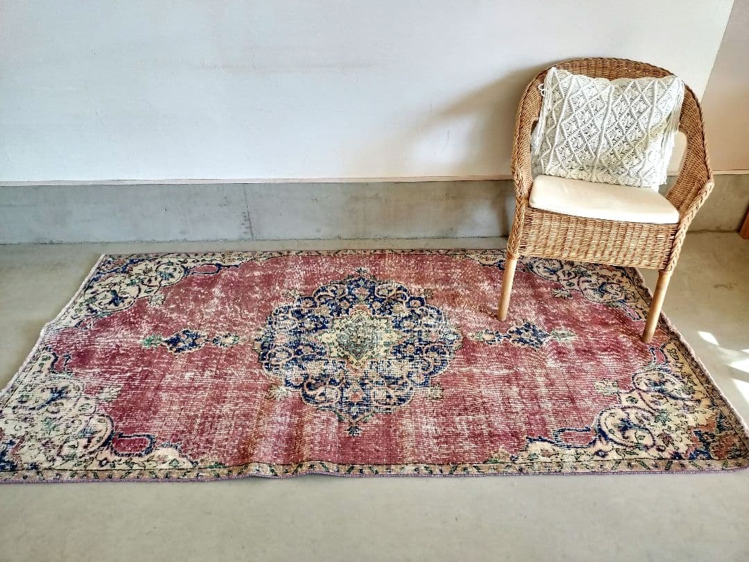 くすみピンクパープル　ネイビーのメダリオンラグ　No.741