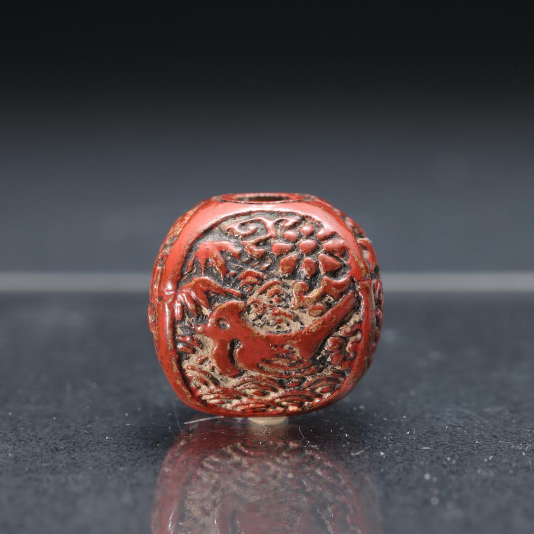 緒締め玉　鳥図　波千鳥　骨董　胴乱　赤　R1452