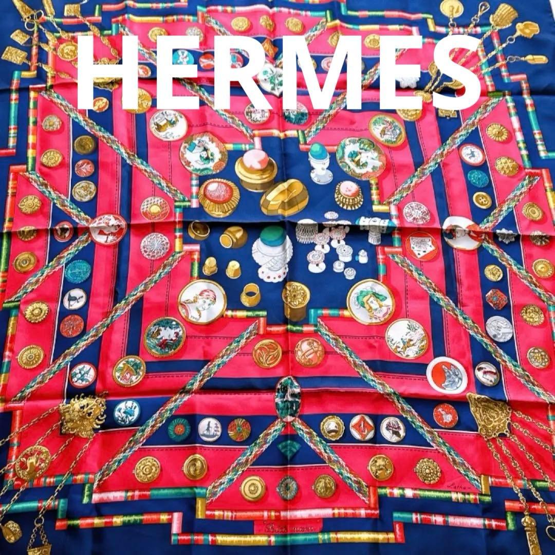 HERMESエルメスシルクスカーフカレ90ネイビー ピンクレッド結び方カード付き