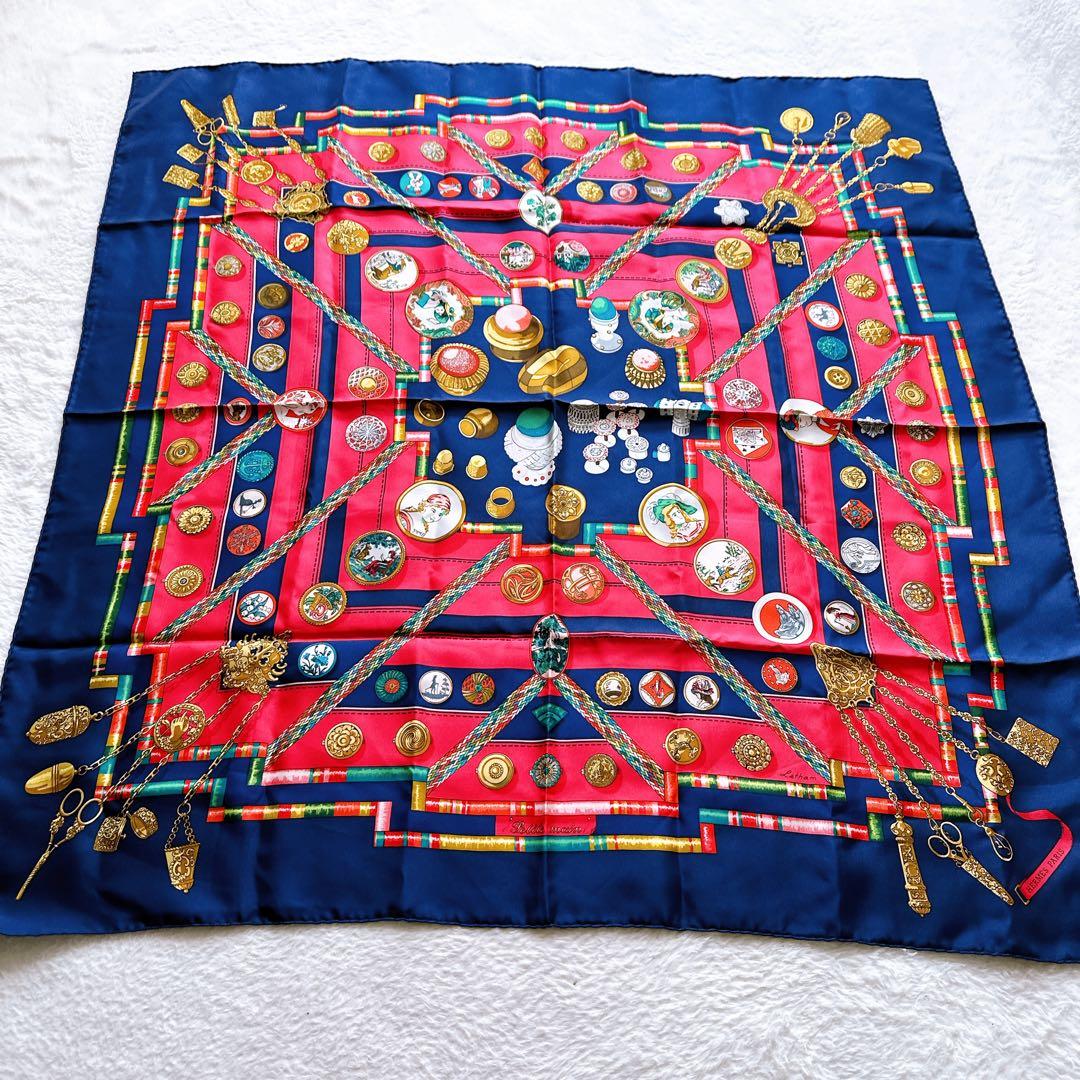 HERMESエルメスシルクスカーフカレ90ネイビー ピンクレッド結び方カード付き