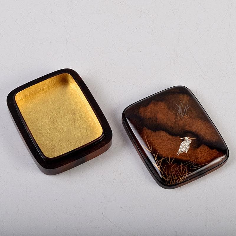 shellkid　井筒鳳斎　内金箔黒柿長四方香合鷺に芦　共箱　V　9126