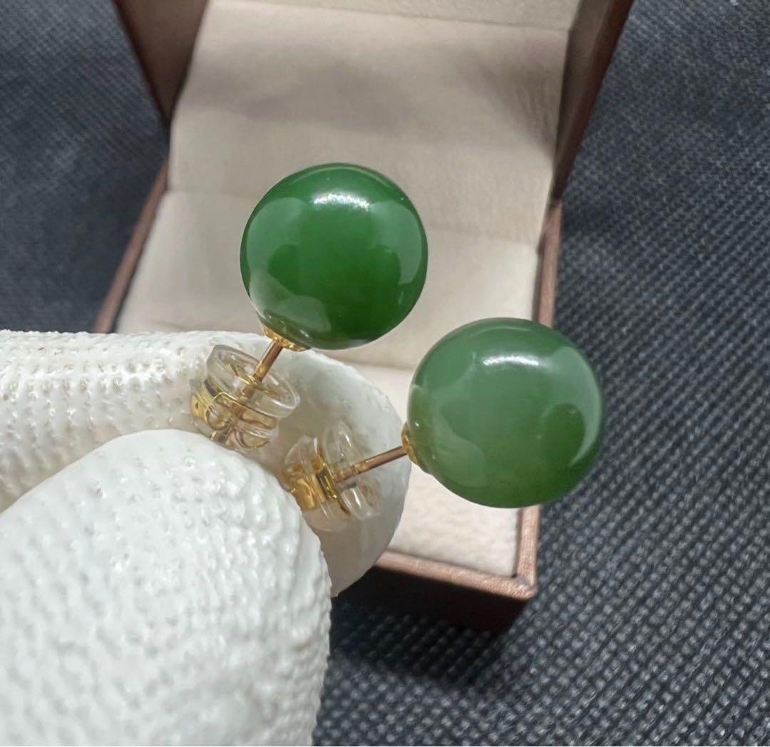新品 18k使用の天然和田玉翡翠グリーン碧玉ラウンドのピアス D10117