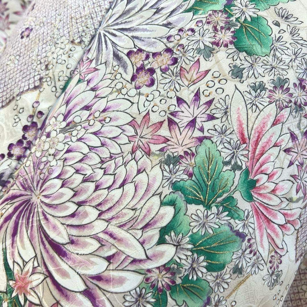 475 振袖フルセット 正絹 オフホワイト 薄紫 金彩 手描き 比翼仕立て 上品