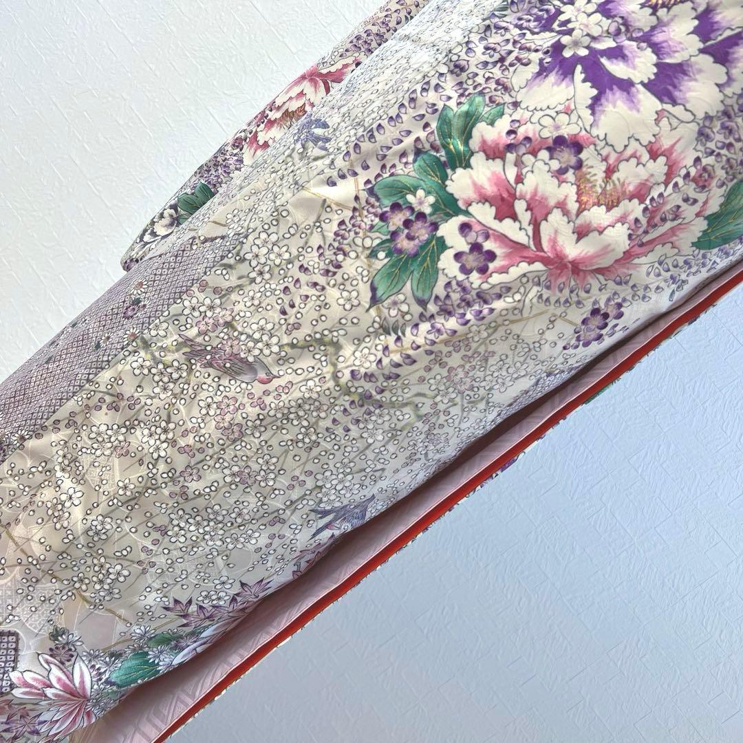 475 振袖フルセット 正絹 オフホワイト 薄紫 金彩 手描き 比翼仕立て 上品