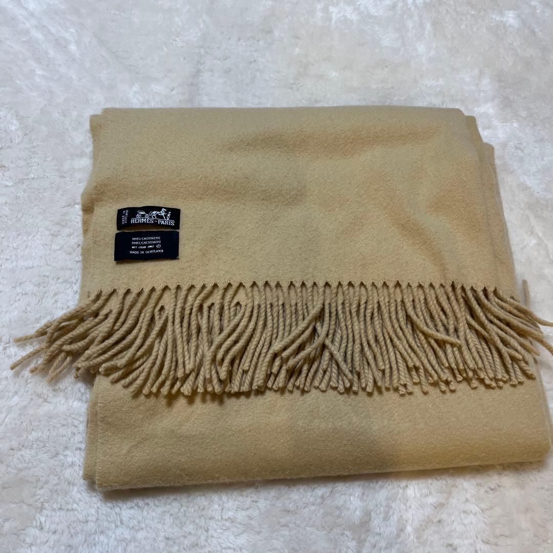 エルメス　大判ストール　キャメル　カシミヤ　ロゴ刺繍入り
