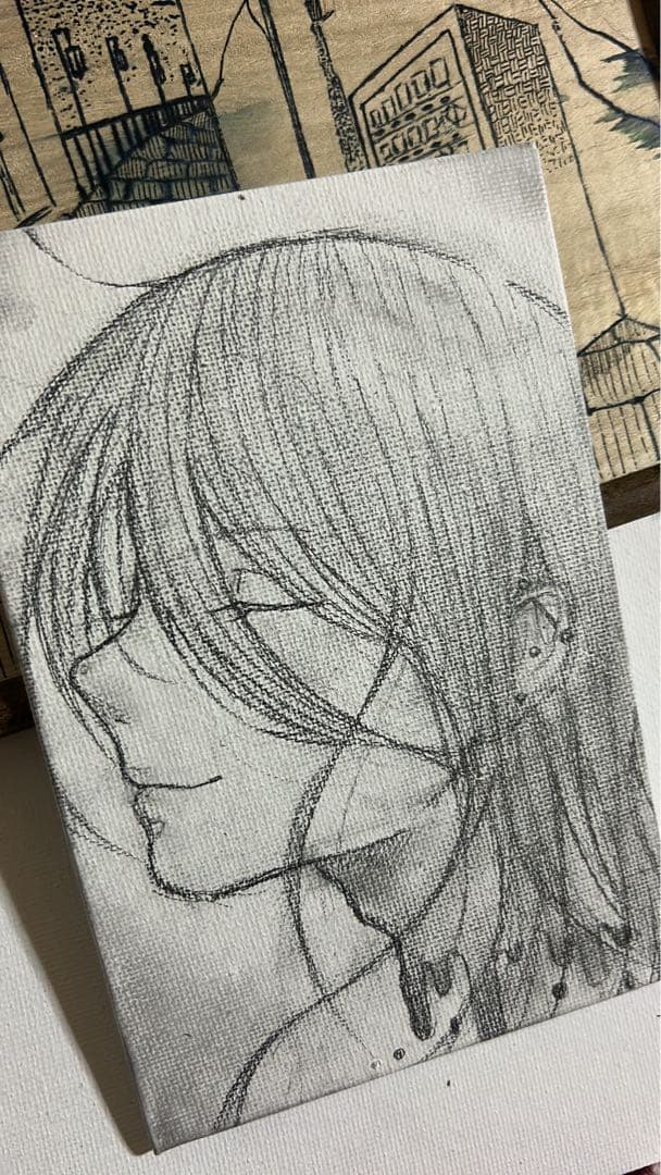 人物イラスト 鉛筆画 モノクロ キャンバス