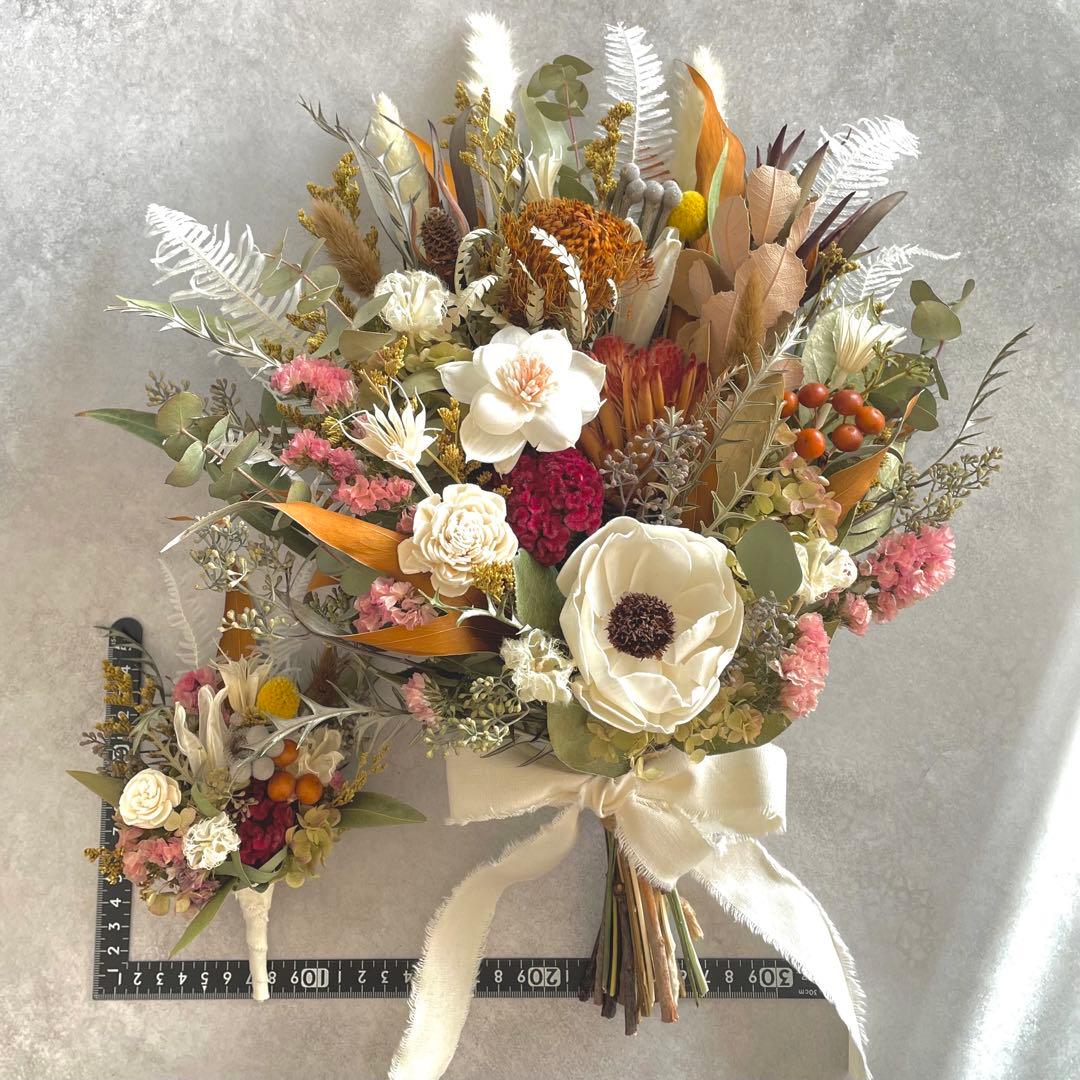 【る】ネイティブフラワーのドライブーケ 46㌢ ブートニア ヘッドドレス