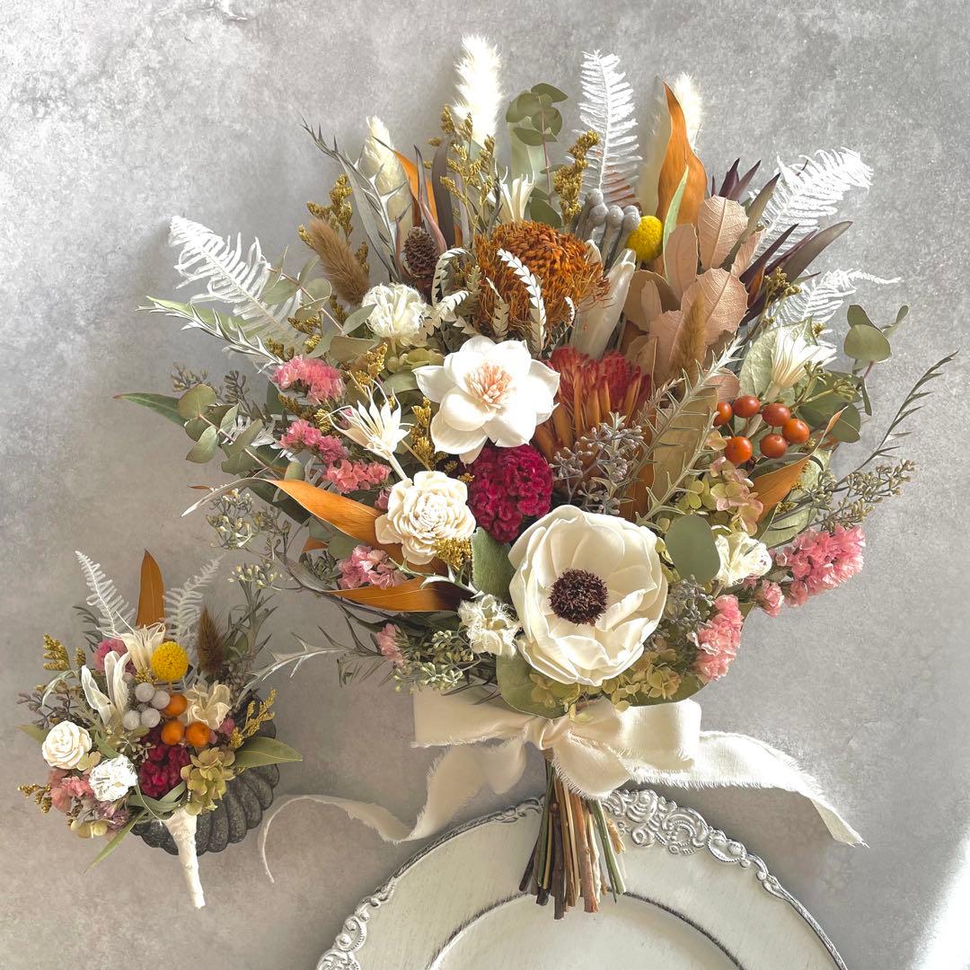 【る】ネイティブフラワーのドライブーケ 46㌢ ブートニア ヘッドドレス