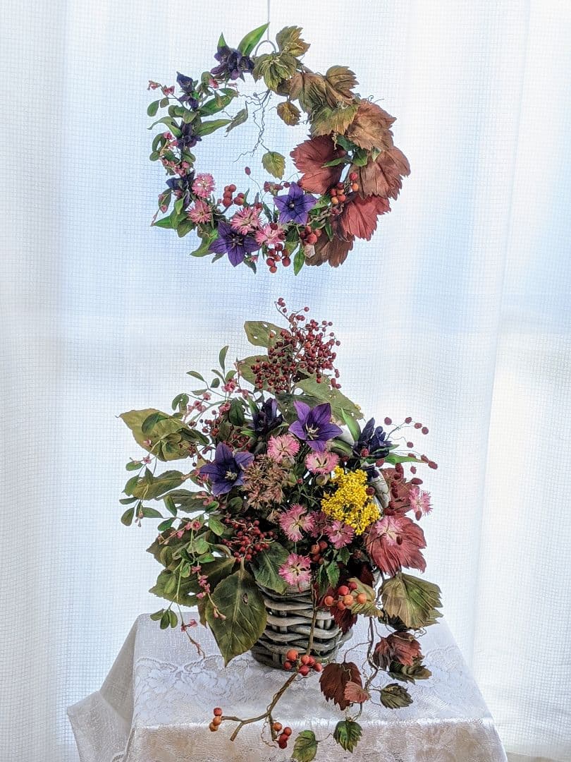 アートフラワーリース❁秋の花❁染花布花❁ハンドメイド
