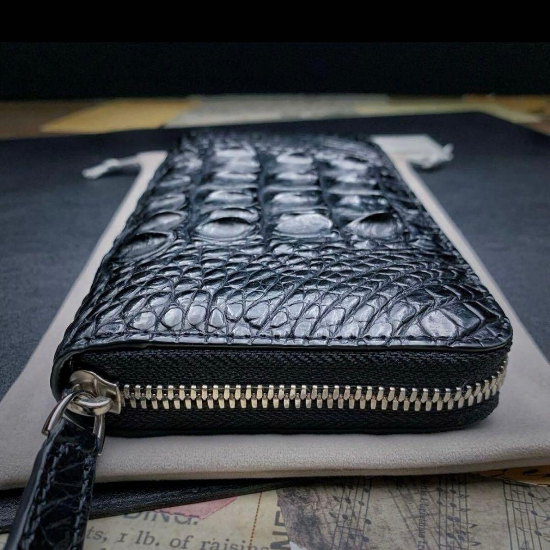 新品 クロコダイル ラウンドファスナー メンズ 長財布 背中革 綺麗黒 財布