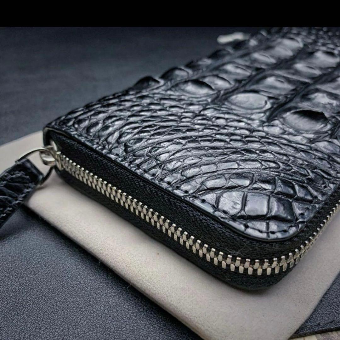 新品 クロコダイル ラウンドファスナー メンズ 長財布 背中革 綺麗黒 財布