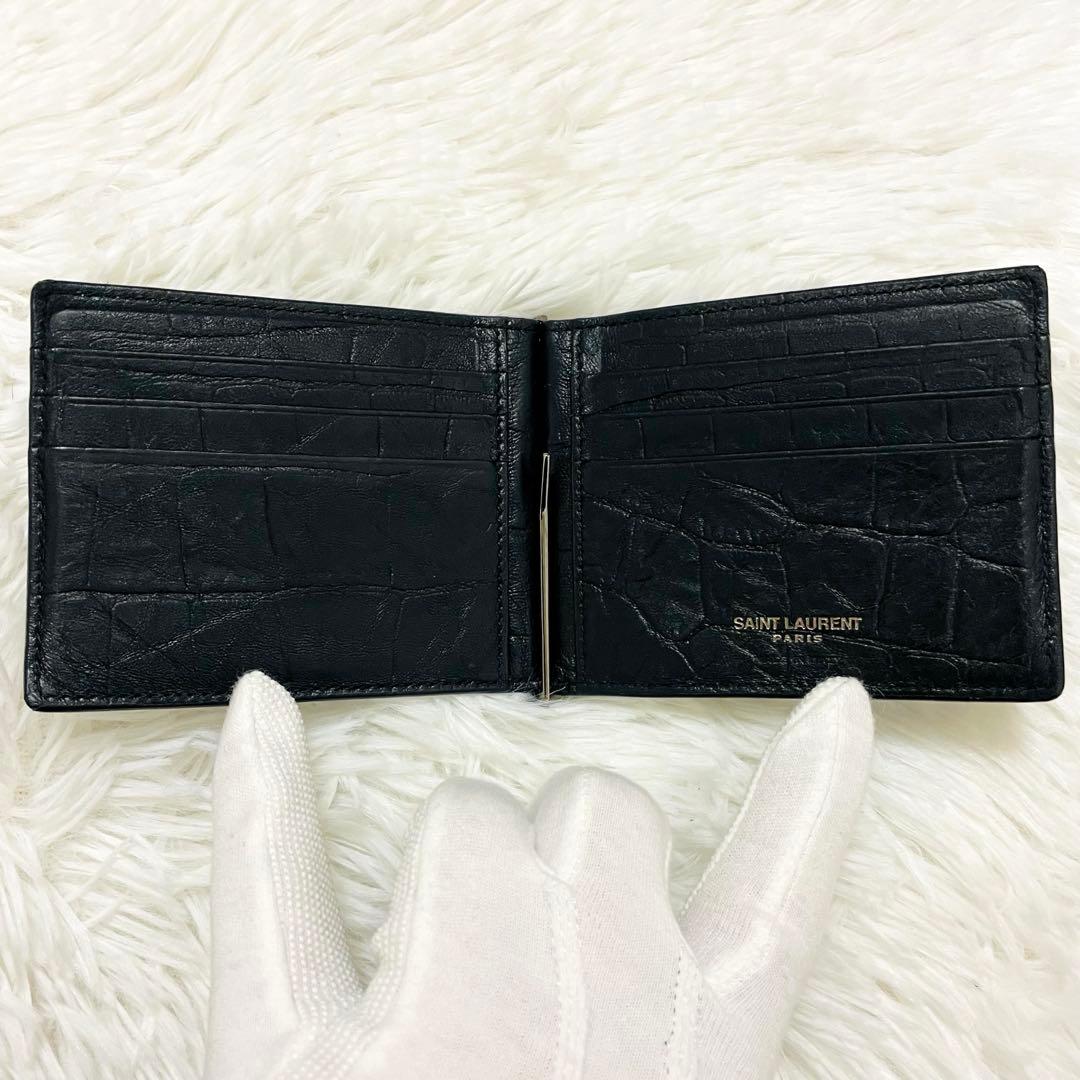 極美✨付属完備✨サンローラン マネークリップ クロコ 型押し レザー 黒