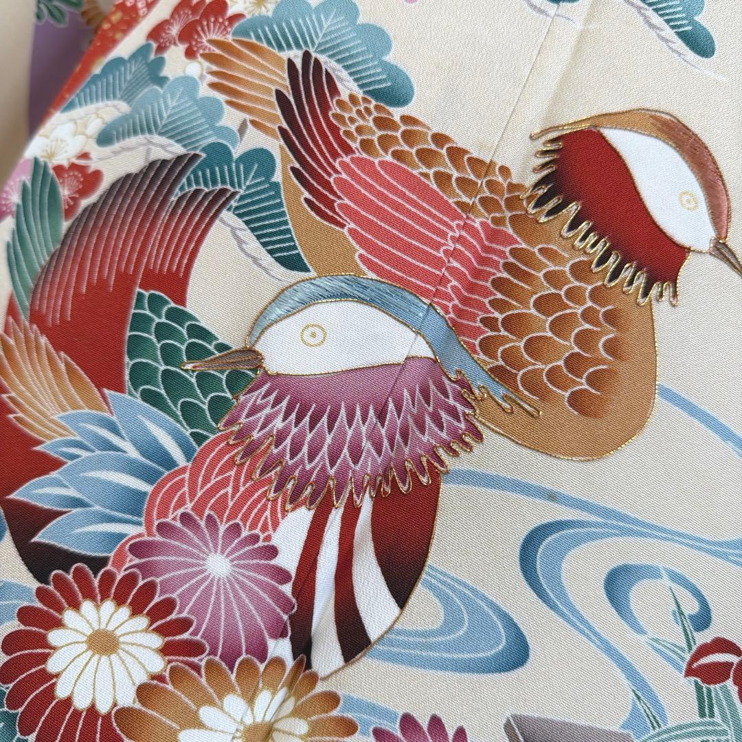 499 振袖フルセット 正絹 紫 赤 ベージュ 黒 金彩 駒刺繍 レトロ 鴛鴦