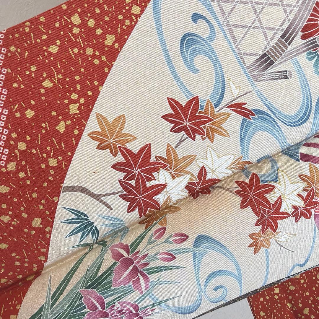 499 振袖フルセット 正絹 紫 赤 ベージュ 黒 金彩 駒刺繍 レトロ 鴛鴦