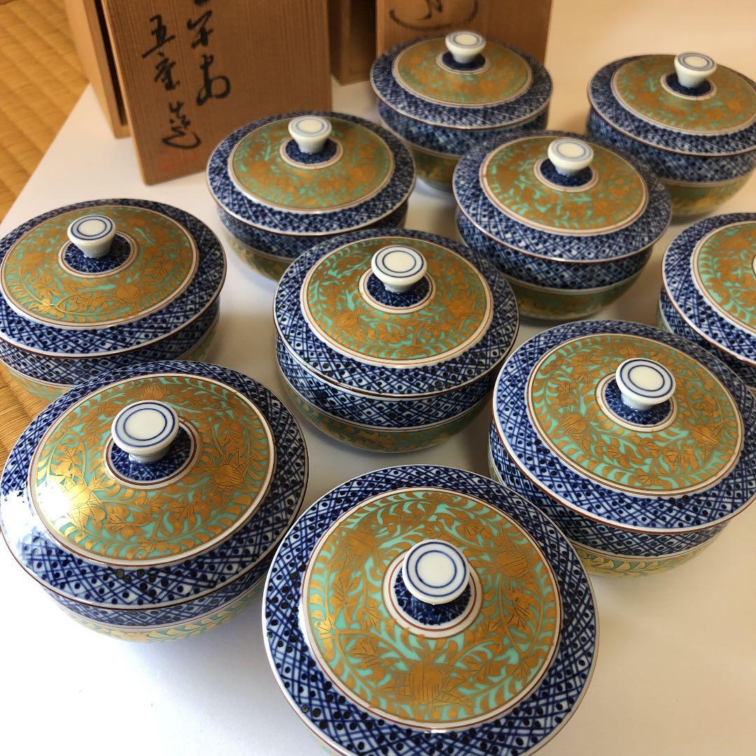 清水焼　京焼　五座五重　金襴青華蓋付汲出碗10客★