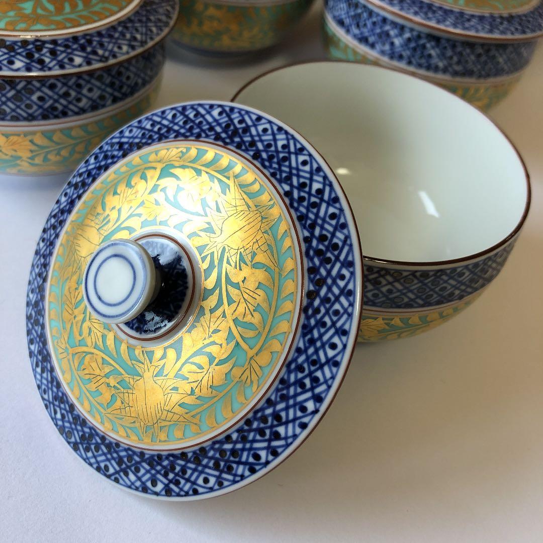 清水焼　京焼　五座五重　金襴青華蓋付汲出碗10客★