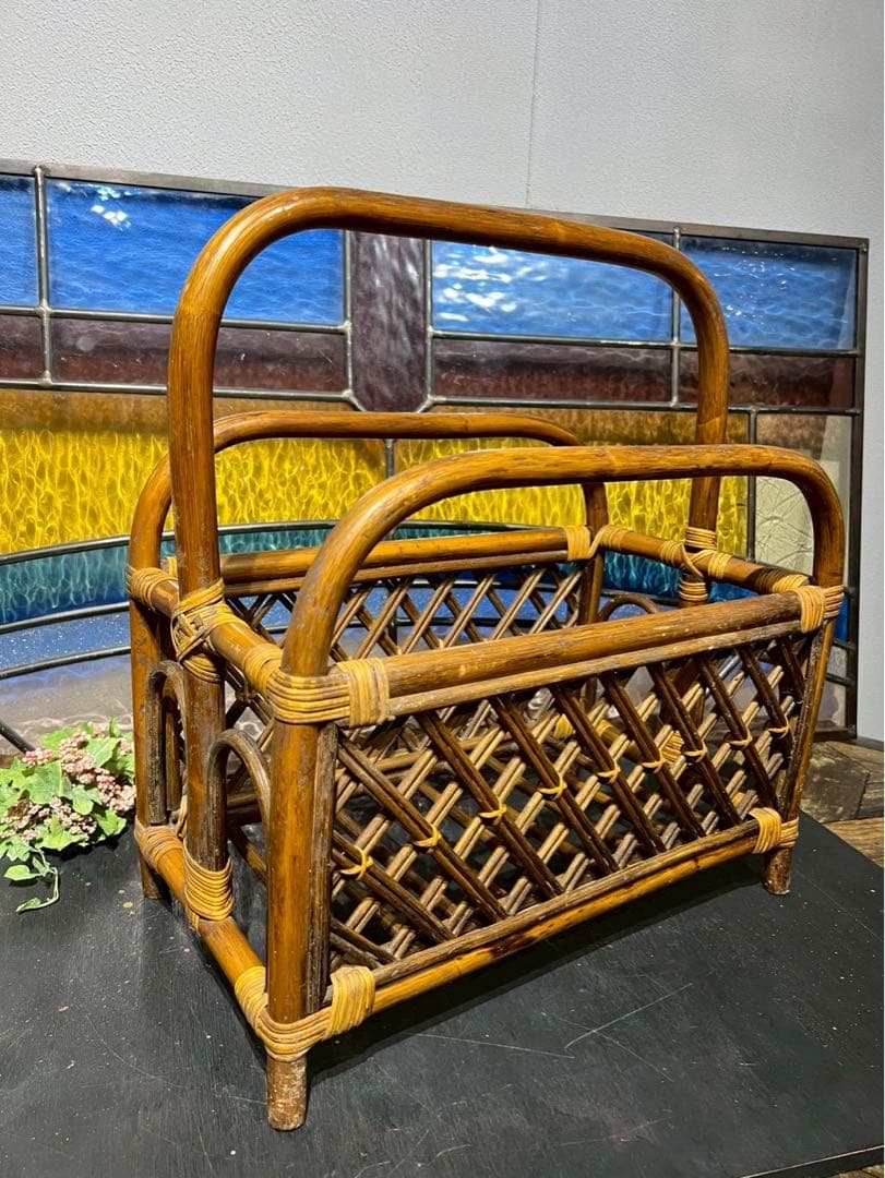 ラタン マガジンラック 籐 スリッパラック インテリア 昭和レトロ 当時物