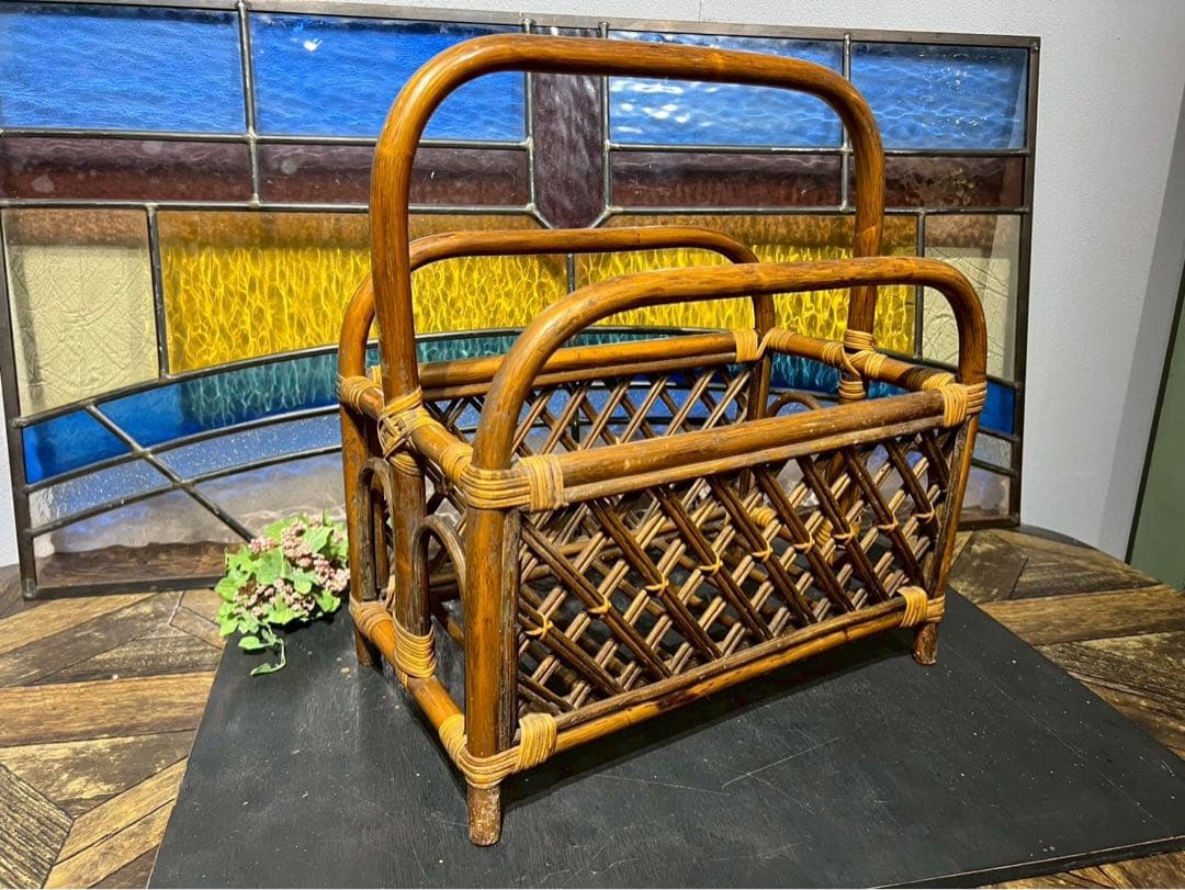 ラタン マガジンラック 籐 スリッパラック インテリア 昭和レトロ 当時物