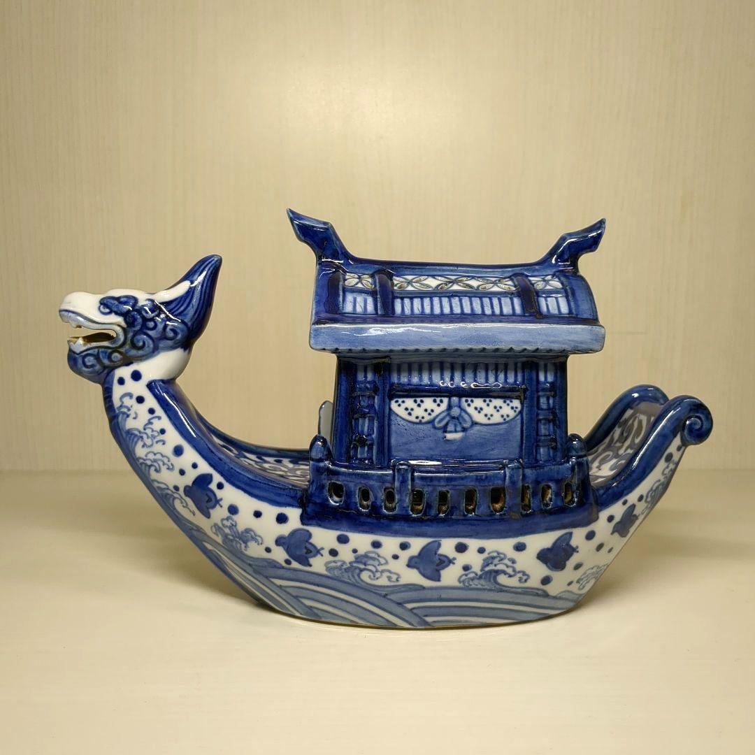 道八　高橋道八　龍船形　染付波千鳥文　香炉１個　骨董
