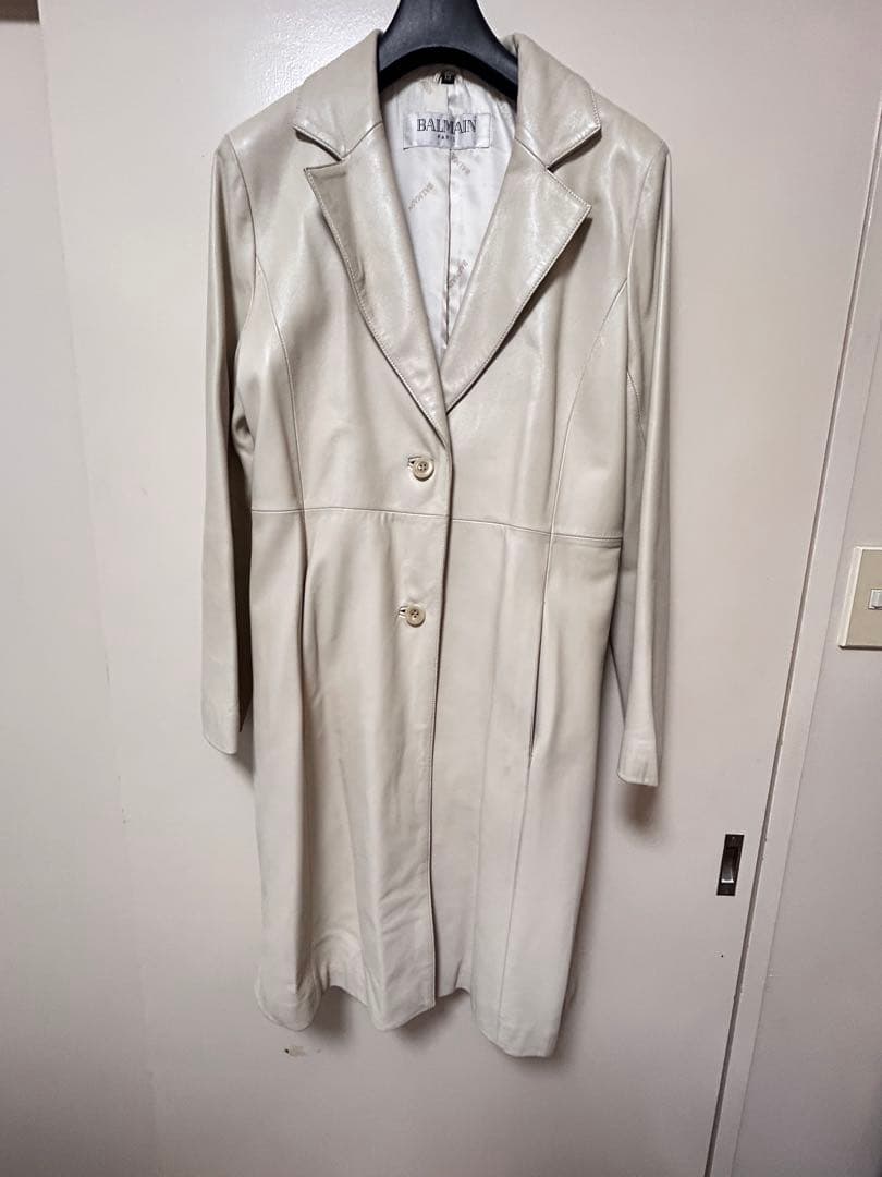BALMAIN ホワイト レザーロングコート サイズ13