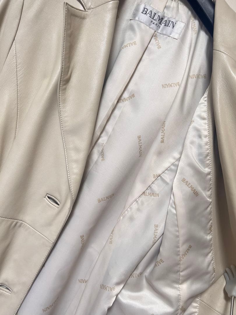 BALMAIN ホワイト レザーロングコート サイズ13