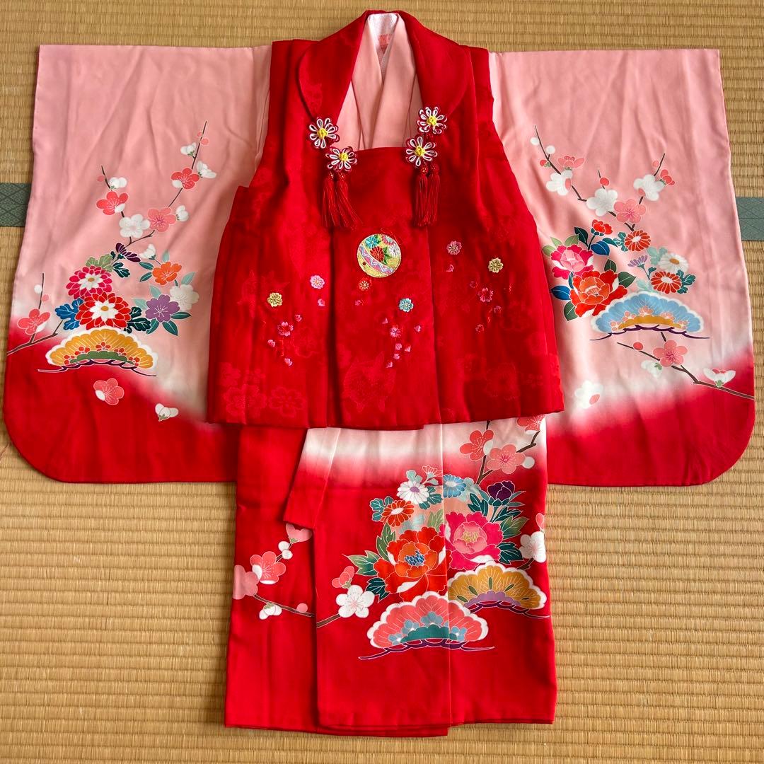 七五三 3歳 被布 着物 絹 三歳 赤 ピンク 753 子供着物 パステルカラー