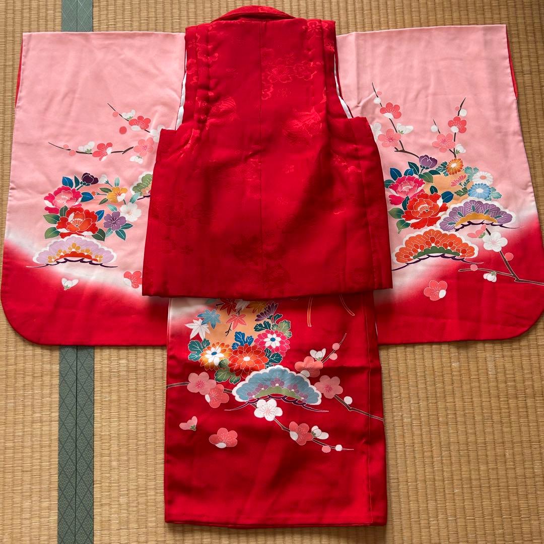 七五三 3歳 被布 着物 絹 三歳 赤 ピンク 753 子供着物 パステルカラー