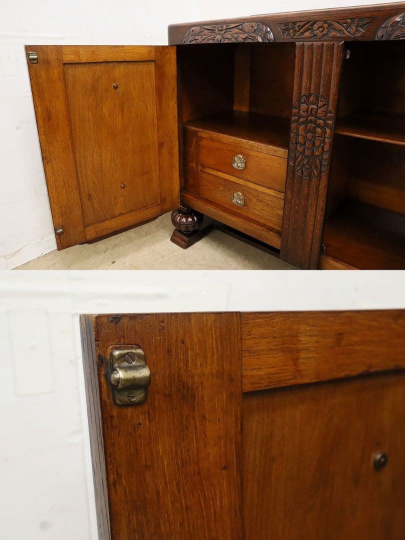 英国アンティーク・オーク材 サイドボード・木彫刻・バルボスレッグ・アールデコ